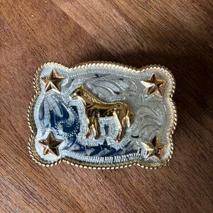 Gold and Silver Horse Belt Buckle w/4 stars fits 1 1/2" wide belt 39" long sz M
